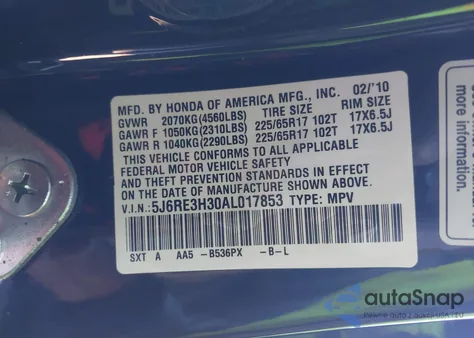 2010 Honda Cr-V Lx из США, поврежденный, VIN 5J6RE3H30AL017853